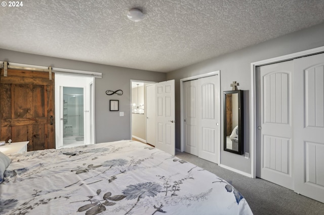 unfurnished bedroom featuring a barn door, a textured ceiling, connected bathroom, carpet floors, and multiple closets