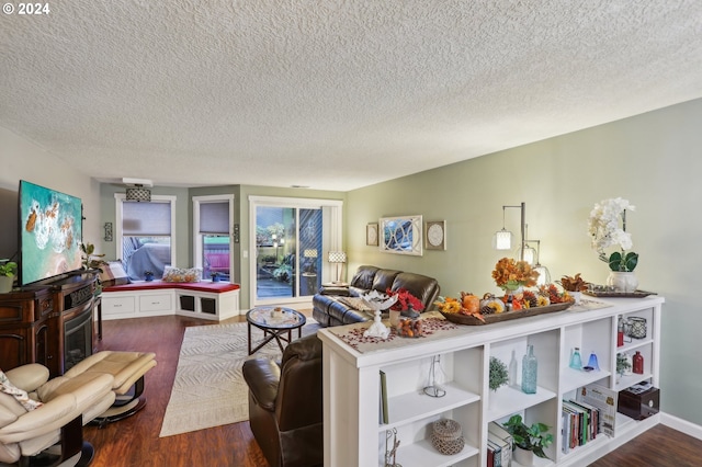 living room featuring wood-type flooring and a textured ceiling