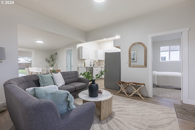 living room featuring light wood-type flooring, plenty of natural light, and sink