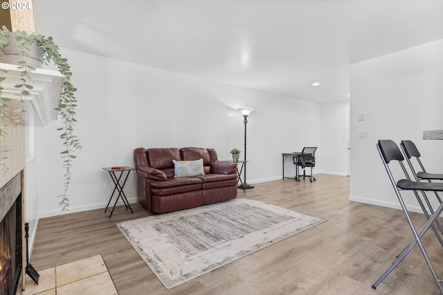 living room with light wood-type flooring and a high end fireplace