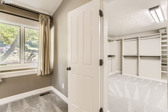 interior space with light colored carpet and vaulted ceiling