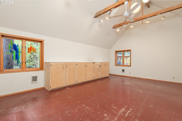 bonus room with concrete floors, high vaulted ceiling, beamed ceiling, and heating unit