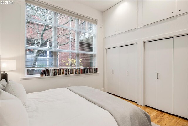 bedroom featuring light wood-type flooring and multiple closets