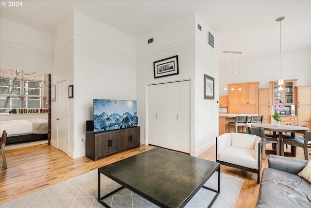 living room with light hardwood / wood-style floors and a towering ceiling