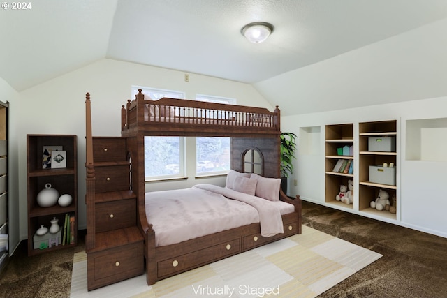 carpeted bedroom featuring vaulted ceiling