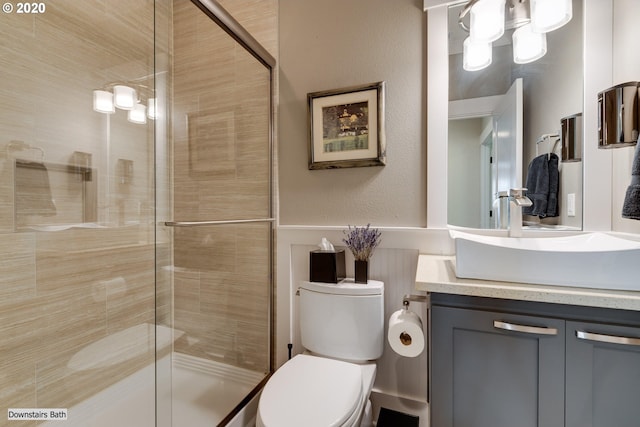 full bathroom featuring a shower stall, vanity, and toilet