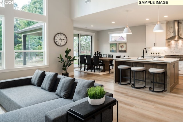 living room featuring light hardwood / wood-style flooring, a wealth of natural light, and sink