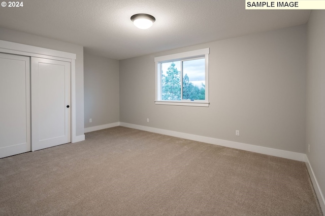 interior space featuring light carpet, a closet, and a textured ceiling