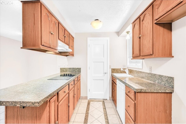 kitchen with black electric cooktop, light tile patterned flooring, sink, white dishwasher, and a textured ceiling