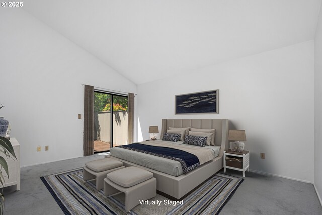 carpeted bedroom featuring high vaulted ceiling and access to outside