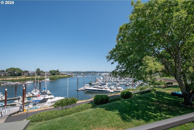 dock area with a water view and a lawn