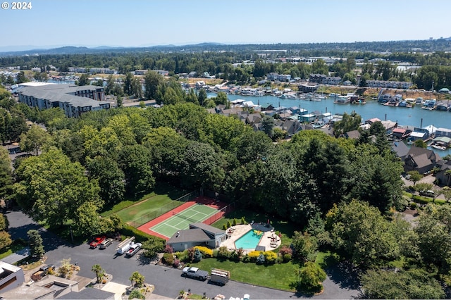 drone / aerial view featuring a water view