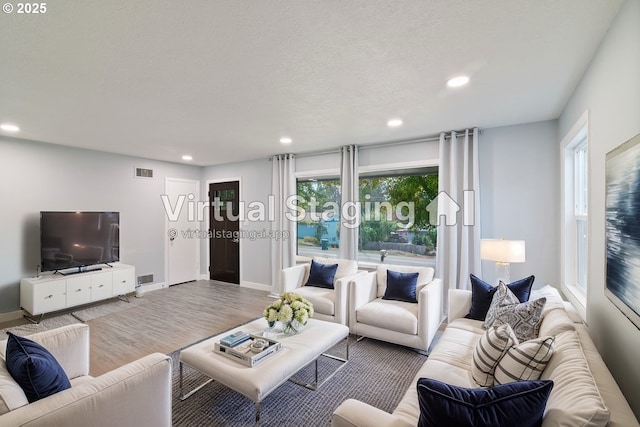 living room featuring hardwood / wood-style flooring and a textured ceiling