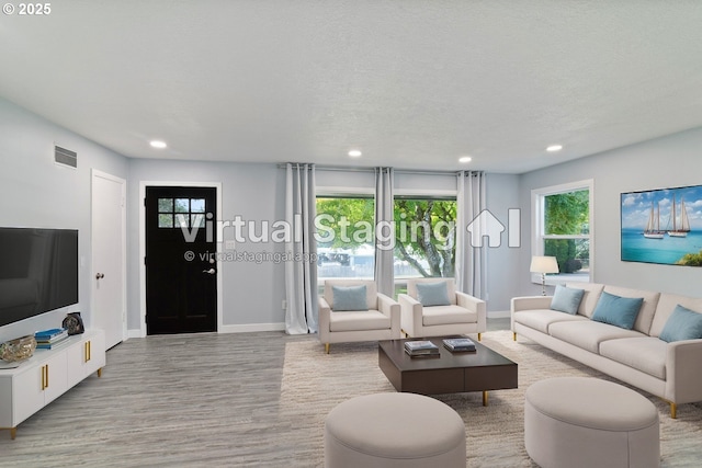 living room with light hardwood / wood-style floors, plenty of natural light, and a textured ceiling