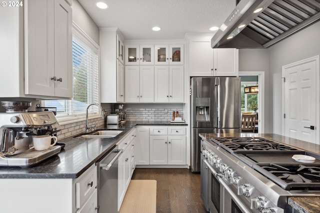 kitchen with sink, white cabinetry, stainless steel appliances, and extractor fan