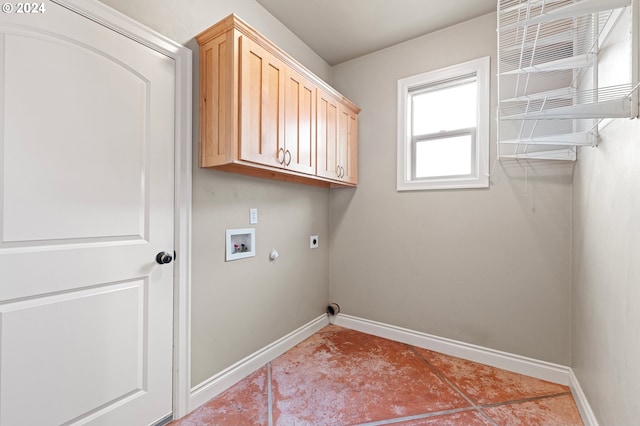 laundry area with cabinets, hookup for an electric dryer, hookup for a gas dryer, tile patterned flooring, and hookup for a washing machine