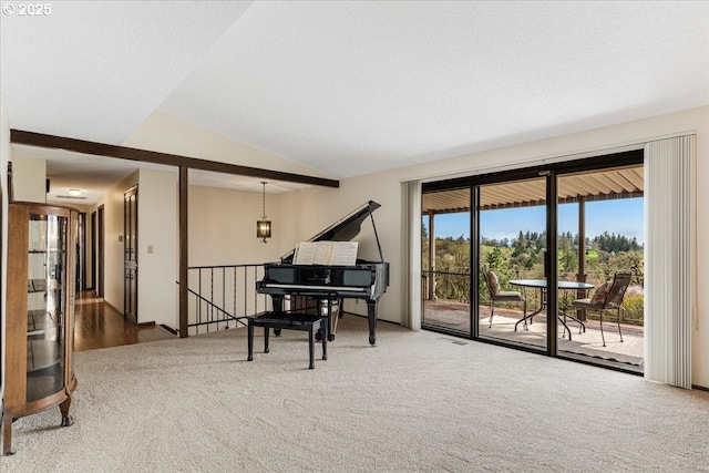 10685 Oak Dr SE, Salem, OR 97306 - living area featuring an upstairs landing, carpet, vaulted ceiling, and visible vents