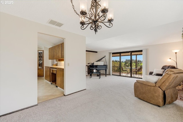 10685 Oak Dr SE, Salem, OR 97306 - living room featuring an inviting chandelier, light carpet, lofted ceiling, and visible vents
