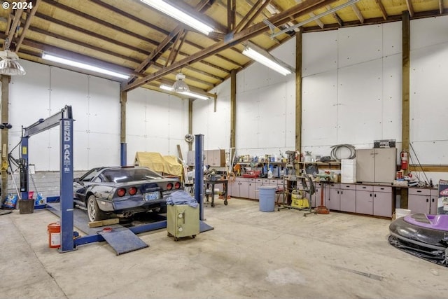 garage with a workshop area