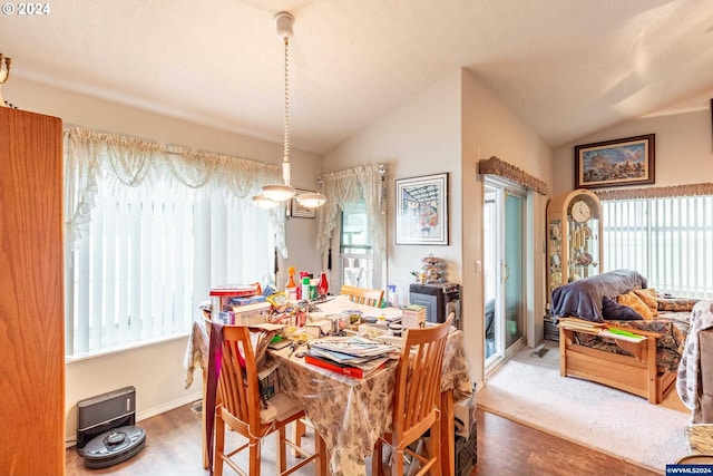 dining space with plenty of natural light, vaulted ceiling, and hardwood / wood-style flooring