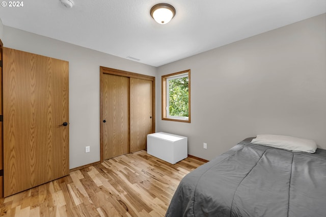 bedroom featuring light wood-type flooring and a closet