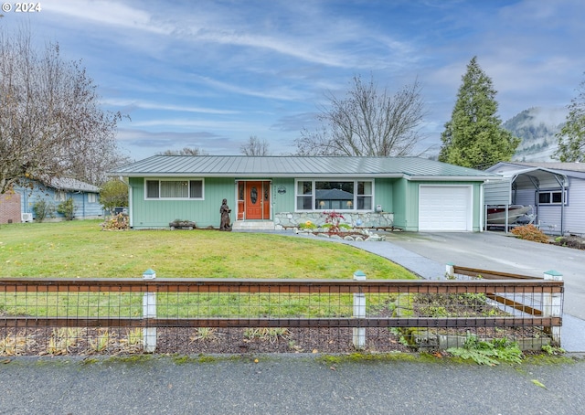 single story home with a front lawn and a carport