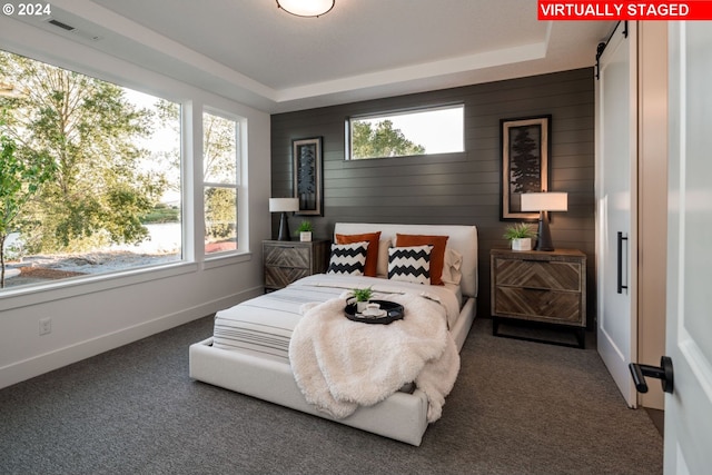 carpeted bedroom with wood walls and a tray ceiling