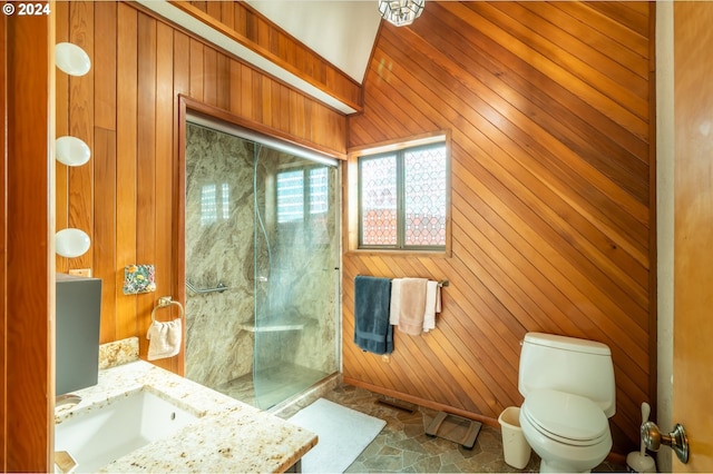 bathroom with walk in shower, vanity, toilet, and wood walls