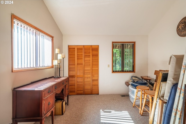 office with lofted ceiling and light colored carpet