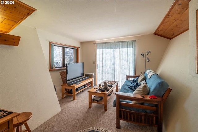 living room featuring lofted ceiling, radiator, wooden ceiling, and carpet flooring