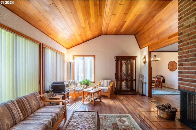 living room with wood-type flooring, wood ceiling, vaulted ceiling, and a chandelier