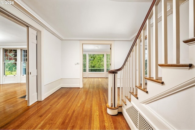 entryway with ornamental molding, light hardwood / wood-style floors, and a healthy amount of sunlight