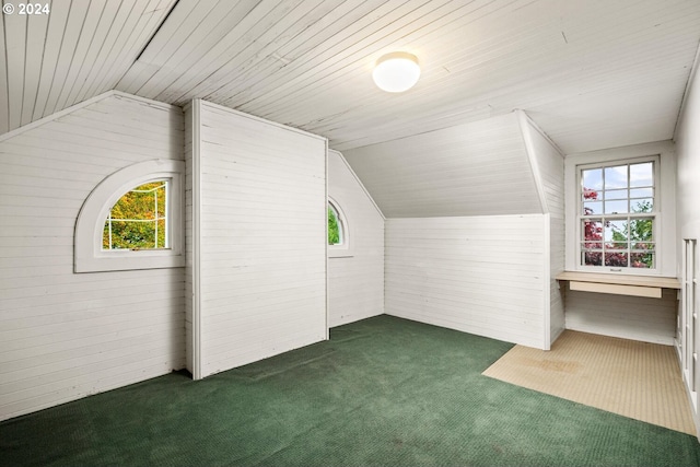 additional living space featuring wooden ceiling, a wealth of natural light, vaulted ceiling, and dark carpet