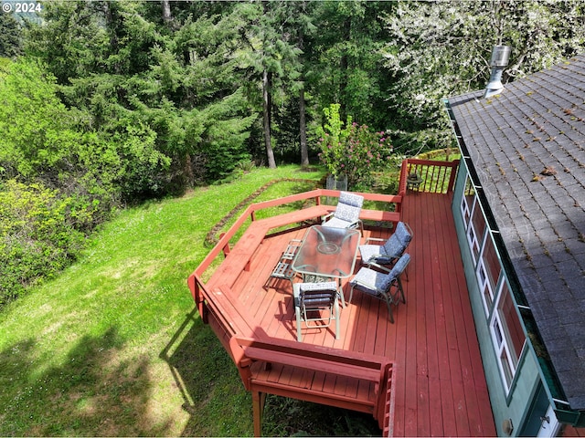 wooden deck featuring a lawn