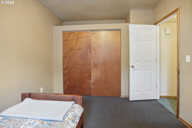 bedroom featuring dark carpet and a closet