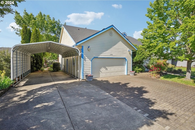 view of property exterior featuring a garage and a carport