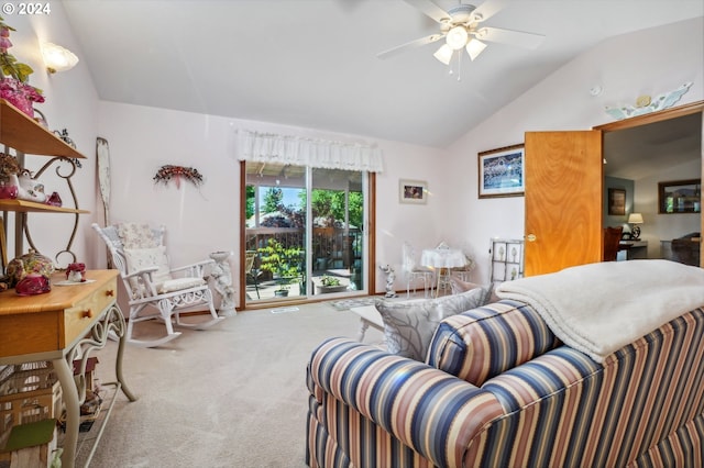 bedroom featuring vaulted ceiling, ceiling fan, and carpet floors