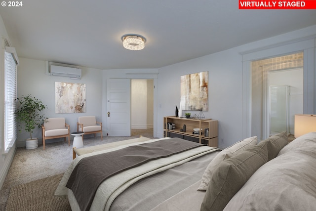 carpeted bedroom featuring a wall mounted air conditioner