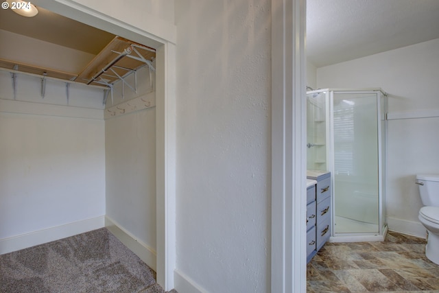 bathroom featuring an enclosed shower, vanity, and toilet