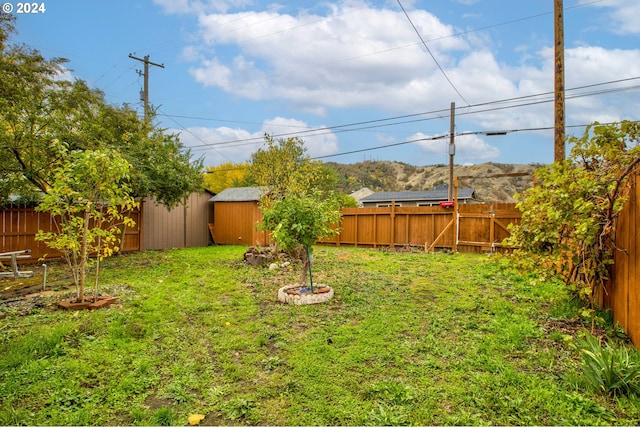 view of yard with an outbuilding, a storage unit, and a fenced backyard