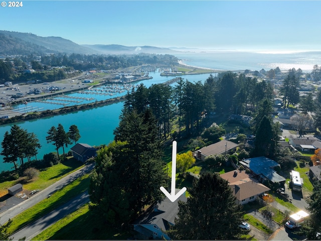 aerial view with a water and mountain view