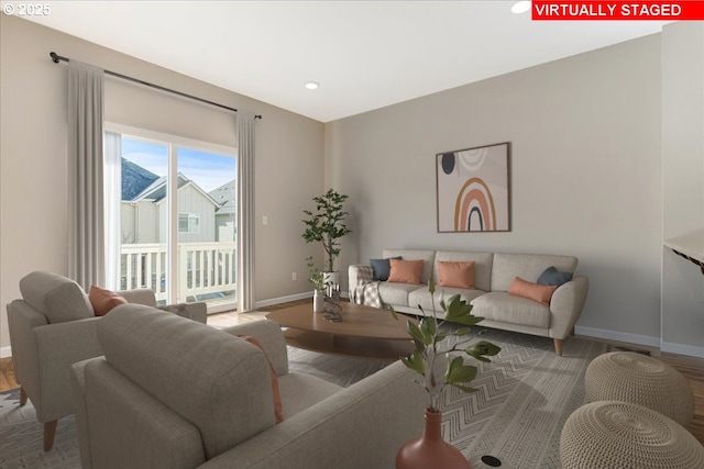 living room with recessed lighting, wood finished floors, and baseboards