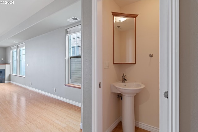 bathroom with a glass covered fireplace, plenty of natural light, baseboards, and wood finished floors