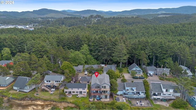 aerial view featuring a mountain view and a wooded view