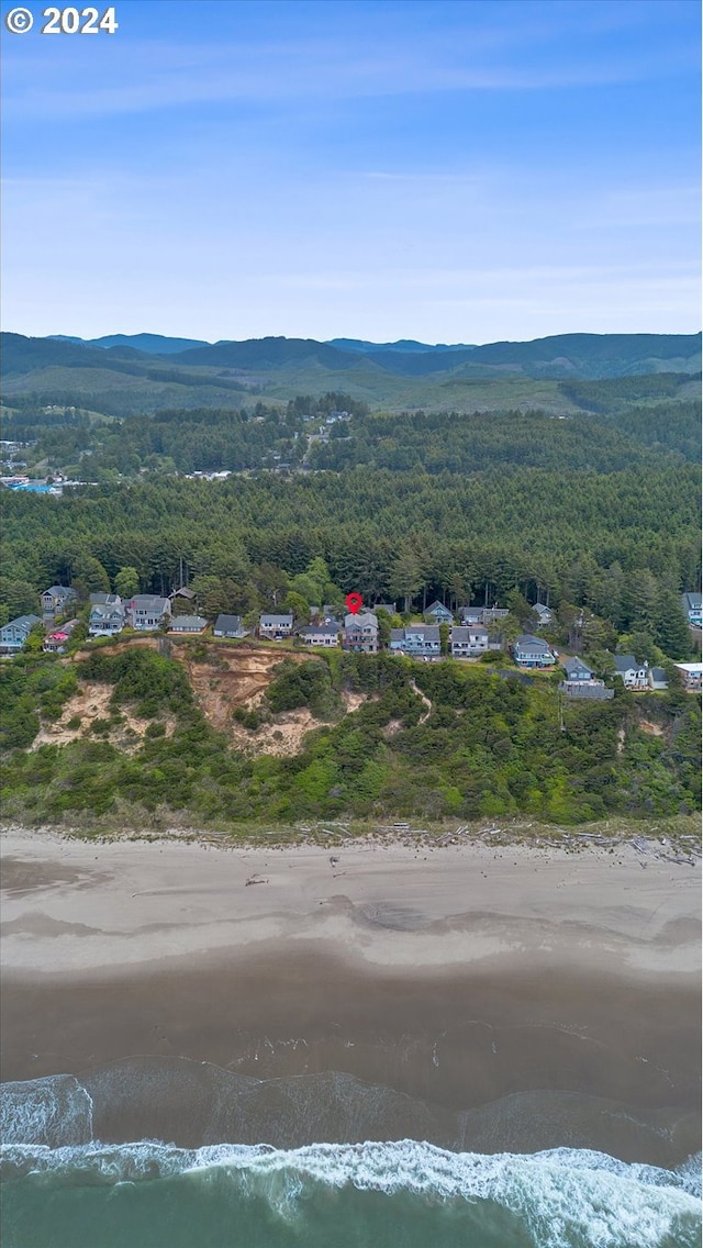 bird's eye view featuring a mountain view and a view of trees