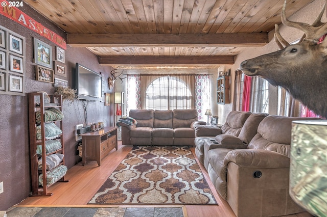 living room with beamed ceiling, wood-type flooring, and wooden ceiling