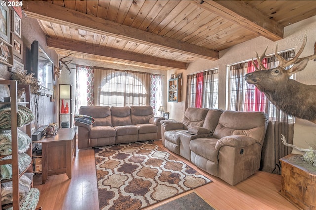 living room featuring beam ceiling, wooden ceiling, and hardwood / wood-style flooring