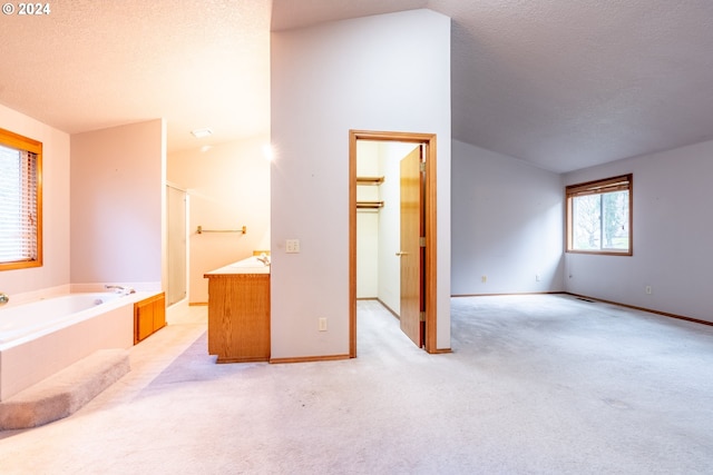 bathroom featuring a washtub, a textured ceiling, vaulted ceiling, and sink