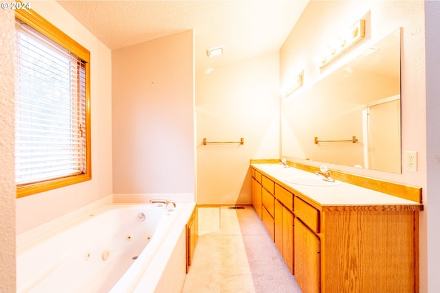 bathroom with vanity, a textured ceiling, and a bathing tub