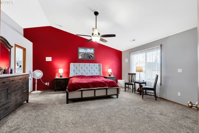 bedroom featuring vaulted ceiling, ceiling fan, and carpet flooring